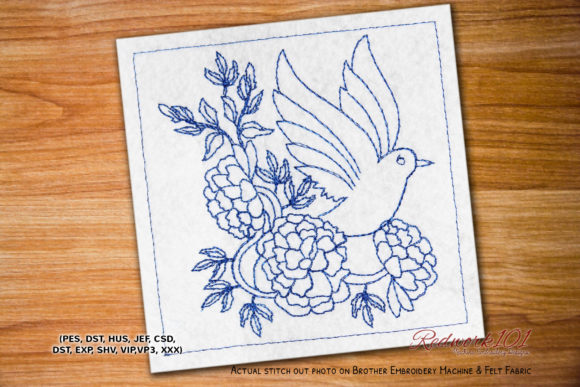 White Dove Flying Redwork